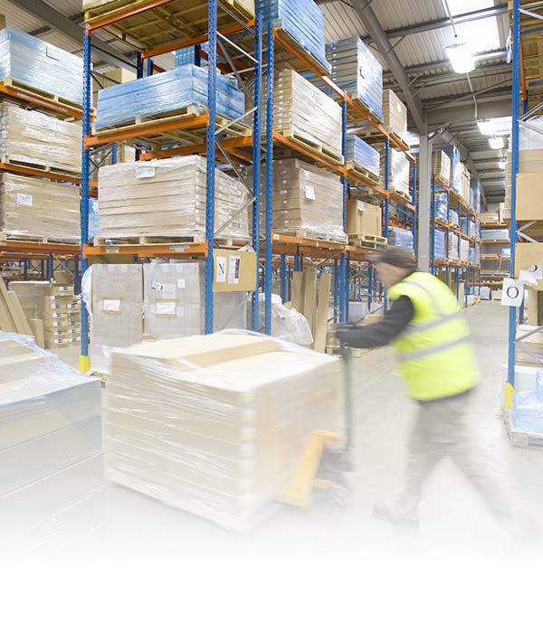 worker in warehouse pushing pallet